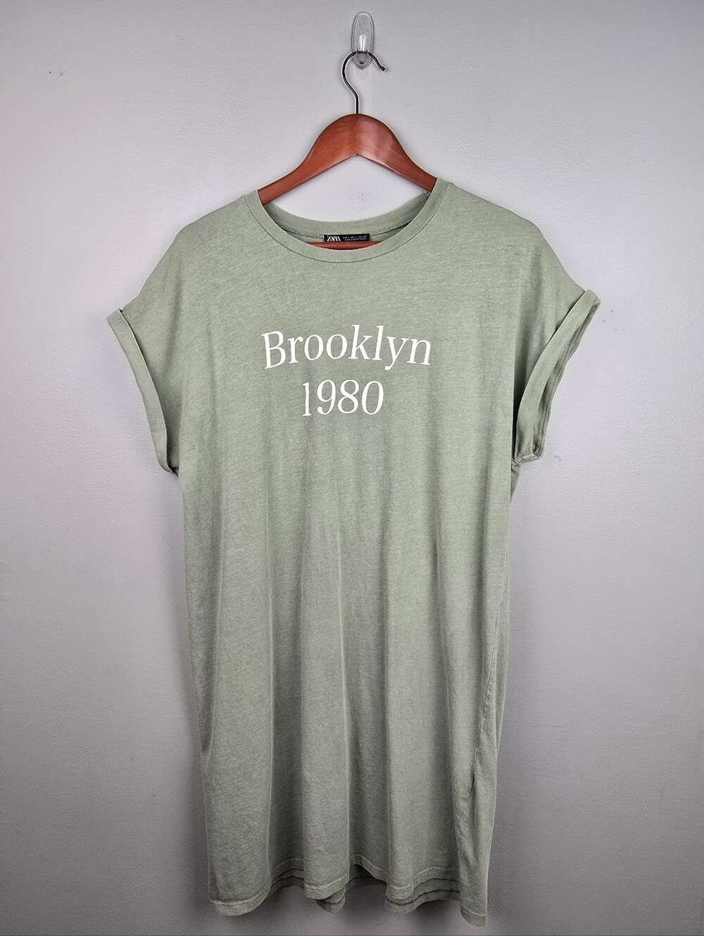 ZARA Rolled Sleeves T-shirt‎ Dress Green Womens Size L Casual Streetwear